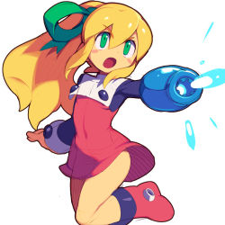 Rule 34 | 1girl, arm cannon, blonde hair, blush stickers, boots, dress, green eyes, hair between eyes, hair ribbon, long hair, looking afar, metata, open mouth, ponytail, red dress, red footwear, ribbon, mega man (series), mega man (classic), roll (mega man), simple background, solo, weapon, white background