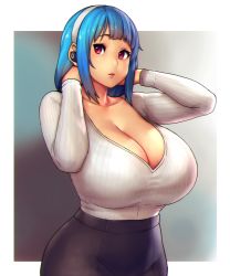 Rule 34 | 1girl, arm up, arms around neck, black skirt, blue hair, border, breasts, cleavage, commentary, curvy, earbuds, earphones, english commentary, erkaz, hairband, highres, huge breasts, long sleeves, looking to the side, medium hair, original, parted lips, red eyes, ribbed sweater, rina atherina, sidelocks, skirt, standing, sweater, v-neck, veins, veiny breasts, white border, white hairband, white sweater, wireless earphones