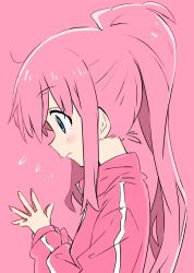Rule 34 | 1girl, blue eyes, blush, bocchi the rock!, closed mouth, from side, gotoh hitori, high ponytail, highres, jacket, long hair, own hands together, pink background, pink hair, pink jacket, pink theme, sidelocks, simple background, solo, spoken sweatdrop, steepled fingers, sweatdrop, take shinobu, track jacket, upper body