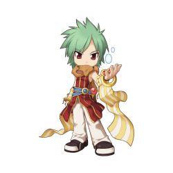 Rule 34 | 1boy, animal, animal around neck, bangle, belt, black footwear, blue belt, bracelet, chibi, closed mouth, detached sleeves, energy ball, fingerless gloves, fox, full body, gloves, green hair, hair between eyes, hand up, jewelry, looking at viewer, magic, male focus, medium bangs, official art, pants, professor (ragnarok online), ragnarok online, red eyes, red shirt, shirt, shoes, short hair, simple background, sleeveless, sleeveless shirt, smile, solo, standing, striped sleeves, tachi-e, transparent background, white pants, white sleeves, yellow sleeves, yuichirou