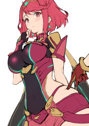 Rule 34 | 1boy, 1girl, blush, breasts, covered navel, curvy, deep skin, large breasts, nintendo, pyra (xenoblade), red eyes, red hair, rex (xenoblade), short hair, short shorts, shorts, simple background, skindentation, swept bangs, white background, wide hips, xenoblade chronicles (series), xenoblade chronicles 2