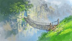 Rule 34 | architecture, blue sky, bridge, building, city, flower, grass, highres, home nobi, making-of available, nature, original, outdoors, ruins, scenery, sky, tree