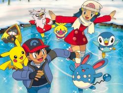 Rule 34 | ash ketchum, couple, creatures (company), dawn (pokemon), game freak, gen 1 pokemon, ice, nintendo, pikachu, pilup, playing, pokemon, pokemon (anime), pokemon (creature), winter