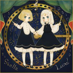 Rule 34 | 2girls, conductor baton, black dress, blonde hair, blue eyes, character name, circlet, crescent moon, curtains, dress, english text, frills, holding hands, holding, long hair, long sleeves, looking at viewer, mary janes, moon, multiple girls, musical note, original, pantyhose, puffy sleeves, shoes, short dress, short hair, silver hair, standing, sun, text focus, white legwear, wide sleeves, yujup