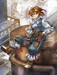 Rule 34 | 1girl, belt, boots, fantasy, full body, gloves, goggles, goggles on head, green eyes, pixiv steampunk, red hair, short hair, sitting, smile, solo, steampunk, takayama dan, tools