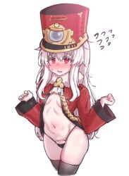 Rule 34 | 1girl, black panties, black thighhighs, blush, breasts, clara (honkai: star rail), cosplay, eyebrows hidden by hair, flying sweatdrops, full-face blush, fur-trimmed jacket, fur trim, groin, gyu (kgh9081), hair between eyes, hat, honkai: star rail, honkai (series), jacket, long bangs, long hair, navel, open clothes, open jacket, open mouth, panties, pom-pom (honkai: star rail), pom-pom (honkai: star rail) (cosplay), red eyes, red hat, red jacket, simple background, small breasts, solo, stomach, sweatdrop, thighhighs, underwear, white background, white hair
