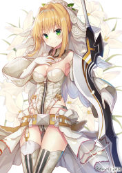 Rule 34 | 10s, 1girl, aestus estus, blonde hair, blush, boots, breasts, bridal veil, chain, cleavage, closed mouth, elbow gloves, fate/extra, fate/extra ccc, fate (series), floral background, flower, flower wreath, gloves, green eyes, hair bun, hair intakes, hand on own chest, highres, holding, holding sword, holding weapon, huwari (dnwls3010), leotard, lock, looking at viewer, medium breasts, nero claudius (bride) (fate), nero claudius (bride) (second ascension) (fate), nero claudius (fate), nero claudius (fate) (all), padlock, short hair with long locks, showgirl skirt, sidelocks, single hair bun, smile, solo, sparkle, sword, thigh boots, thighhighs, twitter username, veil, weapon, white flower, white gloves, white leotard, white thighhighs, zipper
