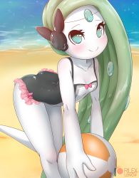 Rule 34 | 1girl, aqua eyes, arched back, artist name, ball, bare shoulders, beach, beachball, black one-piece swimsuit, blush, bow, breasts, closed mouth, clothed pokemon, collarbone, colored skin, commentary, creatures (company), english commentary, fire emblem, from side, game freak, gem, gen 5 pokemon, green gemstone, green hair, holding, holding ball, holding beachball, leaning forward, legendary pokemon, legs together, long hair, looking at viewer, meloetta, mythical pokemon, nintendo, ocean, one-piece swimsuit, original, patreon username, pink bow, pokemon, pokemon (creature), rilex lenov, small breasts, smile, solo, standing, standing on one leg, swept bangs, swimsuit, thighs, very long hair, white one-piece swimsuit, white skin