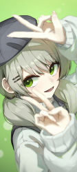 Rule 34 | 1girl, absurdres, black hat, cabbie hat, double v, gnns, green background, green eyes, grey hair, hat, highres, long hair, long sleeves, looking at viewer, original, solo, sweater, v, virtual youtuber, white sweater