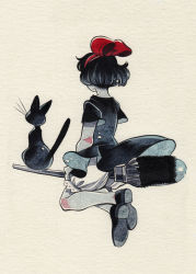 Rule 34 | 1girl, black cat, black hair, bow, broom, broom riding, cat, commentary, dress, english commentary, facing away, from behind, full body, hair bow, hat, inktober, kiki (majo no takkyuubin), majo no takkyuubin, monochrome, painting (medium), red bow, shirotsuki, shoes, short hair, short sleeves, sitting, spot color, traditional media, watercolor (medium), witch