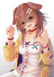 Rule 34 | 1girl, :3, :d, animal collar, animal ears, blush, bone hair ornament, bracelet, braid, brown eyes, brown hair, buttons, collar, dog ears, dress, empty eyes, evil smile, fang, hair between eyes, hair ornament, hairclip, hand on own chest, highres, hololive, inugami korone, inugami korone (1st costume), jacket, jewelry, long hair, looking at viewer, low twin braids, low twintails, mimikaki, nail polish, nyoon, off shoulder, open mouth, red collar, shaded face, sitting, smile, solo, twin braids, twintails, virtual youtuber, white dress, yellow jacket, yellow neckwear