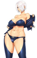 Rule 34 | 1girl, abs, angel (kof), birthday, bra, breasts, chaps, cleavage, commentary request, cropped jacket, curvy, fingerless gloves, gloves, hair over one eye, happy birthday, highres, jacket, large breasts, leather, midriff, navel, panties, signature, snk, solo, st.germain-sal, strapless, strapless bra, the king of fighters, toned, underwear, white hair