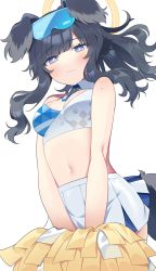 Rule 34 | 1girl, animal ears, bare arms, bare shoulders, black hair, blue archive, blue eyes, blush, breasts, cheerleader, cleavage, closed mouth, cowboy shot, crop top, dog ears, dog tail, goggles, goggles on head, halo, hibiki (blue archive), hibiki (cheer squad) (blue archive), highres, holding, holding pom poms, long hair, medium breasts, midriff, millennium cheerleader outfit (blue archive), navel, nehan (gedatsu nehan), pom pom (cheerleading), pom poms, ponytail, sidelocks, simple background, skirt, solo, standing, tail, v arms, white background, white skirt