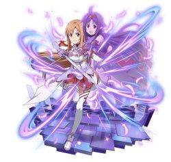 Rule 34 | 2girls, :d, ahoge, armor, asuna (sao), breastplate, brown eyes, brown hair, detached sleeves, falling feathers, feathers, floating hair, full body, headband, holding, holding sword, holding weapon, long hair, looking at viewer, miniskirt, multiple girls, open mouth, pleated skirt, pointy ears, purple armor, purple hair, red eyes, red skirt, simple background, skirt, smile, sword, sword art online, thighhighs, very long hair, weapon, white armor, white background, white thighhighs, yuuki (sao)