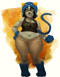 Rule 34 | 1girl, abstract background, absurdres, animal hands, belly, black eyes, black hair, black lips, blue footwear, blue gloves, blue headwear, boots, breasts, cat tail, cleavage, clenched hand, colored sclera, colored skin, fang, fangs, gloves, grey skin, hand on own hip, highres, homestuck, hood, horns, horns through headwear, looking at viewer, medium breasts, medium hair, midriff, muffin top, navel, nepeta leijon, notice lines, open mouth, paw gloves, paw shoes, plump, redblacktac, shorts, solo, standing, tail, tank top, teeth, thick thighs, thighs, troll (homestuck), yellow sclera