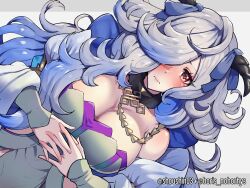 Rule 34 | 1girl, absurdres, blue hair, blush, boris (noborhys), breasts, cleavage, closed mouth, collar, dress, eitr (fire emblem), fire emblem, fire emblem heroes, frown, grey hair, hair over one eye, highres, horns, large breasts, long hair, multicolored hair, nintendo, own hands together, red eyes, solo, very long hair, wavy hair