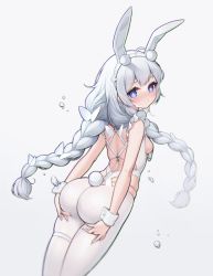 Rule 34 | + +, 1girl, absurdres, animal ears, ass, ass support, azur lane, back, bare shoulders, blue eyes, blush, braid, breasts, closed mouth, fake animal ears, fake tail, from behind, hairband, highres, le malin (azur lane), le malin (listless lapin) (azur lane), leotard, long hair, looking at viewer, looking back, nose blush, official alternate costume, pantyhose, playboy bunny, rabbit ears, rabbit tail, sideboob, silver hair, simple background, small breasts, solo, sosai salada, standing, tail, thigh strap, twin braids, v-shaped eyebrows, very long hair, water drop, white background, white hairband, white leotard, white pantyhose, wrist cuffs