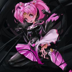 Rule 34 | 1girl, bad end precure, bishoujo senshi sailor moon, black bodysuit, blush, bodysuit, boots, breasts, brooch, chibi usa, corruption, dark persona, earrings, gem, heart, heart brooch, jewelry, knee boots, latex, magical girl, medium breasts, pink eyes, pink hair, precure, restrained, sailor chibi moon, smile precure!, solo, surprised, transformation