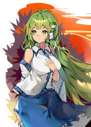 Rule 34 | 1girl, absurdres, antenna hair, bare shoulders, blue shirt, detached sleeves, frog hair ornament, green eyes, green hair, hair ornament, hair tubes, hands on own chest, highres, kochiya sanae, long hair, looking to the side, sakanafish, shirt, simple background, solo, touhou, very long hair, white shirt
