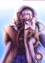Rule 34 | 1boy, 1girl, azur lane, bald, bane, batman (series), big guy and rusty the boy robot, blue eyes, blue pants, blunt bangs, carrying, character name, coat, commentary, commission, copyright name, crossover, dc comics, elbow gloves, english text, fur coat, garter straps, gloves, hat, highres, illustrious (azur lane), jewelry, lace, long sleeves, looking at viewer, mask, melisaongmiqin, meme, mole, mole under eye, name connection, necklace, open mouth, pants, parody, piggyback, pun, smile, sun hat, teeth, the dark knight rises, thighhighs, title parody, tri tails, white hair, white hat, white thighhighs, yellow eyes