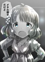 Rule 34 | 1girl, ahoge, blue eyes, child, clenched hand, commentary request, dress, floral print, flower, grey background, hair flower, hair ornament, hands on own hips, highres, idolmaster, idolmaster million live!, long sleeves, looking at viewer, metal momoko, metal skin, open mouth, print dress, run p (aveton), shiny skin, short hair, solo, suou momoko, upper body, v-shaped eyebrows, wavy hair