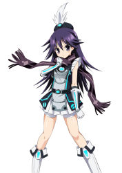 Rule 34 | 1girl, alternate costume, black hair, boots, hat, hat feather, knee boots, kuroki rei, long hair, ouhashi, palette suit, purple eyes, scarf, solo, vividred operation