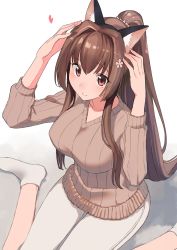 Rule 34 | 1girl, alternate costume, animal ears, blush, breasts, brown hair, cat ears, collarbone, fake animal ears, flower, gradient background, hair flower, hair intakes, hair ornament, hands on own head, highres, kantai collection, large breasts, long hair, long sleeves, looking at viewer, masukuza j, medium breasts, pants, pink eyes, ponytail, ribbed sweater, shadow, sidelocks, sitting, smile, socks, solo, sweater, very long hair, wariza, white background, white footwear, white pants, white socks, yamato (kancolle)