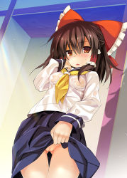 Rule 34 | 1girl, alternate costume, blush, bow, breasts, brown hair, clothes lift, contemporary, cowboy shot, from below, hair bow, hair tubes, hakurei reimu, hand on own chest, long hair, looking at viewer, looking down, medium breasts, nipples, no bra, no panties, open mouth, pleated skirt, pussy, red eyes, sailor collar, school uniform, see-through, serafuku, shirt, skirt, skirt lift, solo, standing, sweat, tororo (toriaezu), touhou, wet, wet clothes