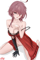 Rule 34 | 1girl, absurdres, alternate costume, arm up, azur lane, bad id, bad pixiv id, bare shoulders, blush, breasts, cleavage, collarbone, cum, cum in mouth, cum on hands, duca degli abruzzi (azur lane), eiundmarmalade, facial, gauntlets, hair between eyes, halo, hand on floor, highres, lingerie, long hair, looking at viewer, medium breasts, navel, nightgown, on floor, open mouth, red eyes, red hair, red nightgown, solo, tongue, underwear, white background