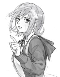 1girl collared_shirt commentary danganronpa_(series) danganronpa_2:_goodbye_despair flipped_hair from_side greyscale hand_up hood hood_down index_finger_raised jacket medium_hair monochrome nanami_chiaki neck_ribbon rei_(tdn_ng) ribbon shirt sketch solo spaceship_hair_ornament