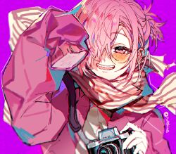 Rule 34 | 1boy, blush, camera, hand up, holding, holding camera, jibaku shounen hanako-kun, long sleeves, looking at viewer, mitsuba sousuke, open mouth, pink eyes, pink hair, purple background, sapphire (nine), scarf, simple background, smile, solo, striped clothes, striped scarf, white scarf