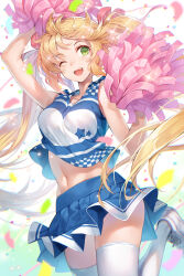 Rule 34 | 1girl, ;d, arm up, bare arms, bare shoulders, blonde hair, blue shirt, blue skirt, cheerleader, commentary request, confetti, green eyes, grey footwear, hagure keg, hand up, highres, holding, long hair, midriff peek, navel, one eye closed, open mouth, original, pleated skirt, pom pom (cheerleading), shirt, shoes, skirt, sleeveless, sleeveless shirt, smile, solo, star (symbol), thighhighs, twintails, very long hair, white thighhighs