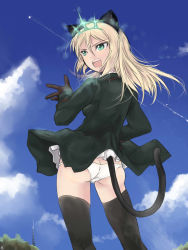 Rule 34 | 1girl, animal ears, ass, black theme, black thighhighs, blonde hair, blue sky, brown gloves, butt crack, cat ears, cat tail, cloud, cloudy sky, day, fang, gloves, green eyes, hair between eyes, hand on own hip, heinrike prinzessin zu sayn-wittgenstein, highres, hirschgeweih antennas, long hair, looking back, military, military uniform, mishiro shinza, noble witches, open mouth, outdoors, panties, sky, solo, strike witches, tail, thighhighs, underwear, uniform, white panties, wind, wind lift, world witches series