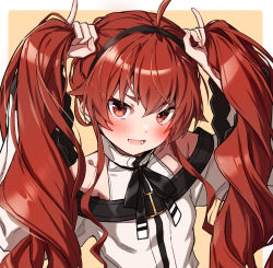 Rule 34 | 1girl, ahoge, bare shoulders, belt, blush, bow, bunching hair, detached sleeves, dress, eris greyrat, fang, hairband, highres, holding, holding own hair, long hair, long sleeves, looking at viewer, mushoku tensei, open mouth, red eyes, red hair, ribbon, shirt, simple background, solo, takanashi kei (hitsujikan), twintails, upper body, wavy mouth, white shirt