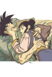 Rule 34 | 1boy, 1girl, black eyes, black hair, chi-chi (dragon ball), chinese clothes, closed eyes, dragon ball, dragonball z, fecaa, hair bun, hand on another&#039;s cheek, hand on another&#039;s face, hetero, highres, husband and wife, lying, on back, open mouth, pillow, sidelocks, single hair bun, smile, son goku, twitter username