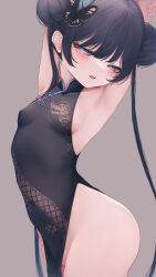 Rule 34 | 1girl, absurdres, armpits, arms up, bare hips, black dress, black hair, blue archive, breasts, china dress, chinese clothes, covered navel, cowboy shot, double bun, dress, grey background, grey eyes, hair bun, half-closed eyes, highres, kisaki (blue archive), long hair, looking at viewer, no panties, open mouth, pelvic curtain, simple background, sleeveless, sleeveless dress, small breasts, solo, twintails, very long hair, wakaba (945599620)