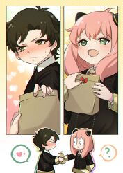 Rule 34 | 1boy, 1girl, :d, ?, anya (spy x family), bag, black dress, blush, bow, brown hair, closed mouth, collared shirt, commentary request, damian desmond, dress, eyelashes, frown, green eyes, heart, highres, holding, holding bag, long sleeves, nako (unclebanana), open mouth, paper bag, pink hair, red bow, shirt, short hair, smile, spoken heart, spoken question mark, spy x family, sweatdrop, white shirt