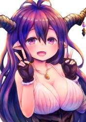Rule 34 | 10s, 1girl, :d, antenna hair, black gloves, breasts, cleavage, danua, double v, draph, fingerless gloves, gloves, granblue fantasy, horns, large breasts, long hair, looking at viewer, open mouth, pointy ears, purple hair, smile, solo, v, yamada (sakuma drops)