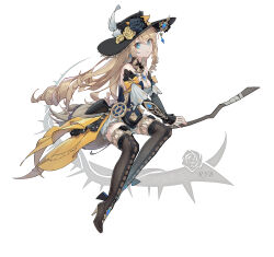 Rule 34 | absurdres, black footwear, blonde hair, blue eyes, boots, broom, broom riding, detached sleeves, dress, drill hair, drill sidelocks, flower, genshin impact, gold trim bow, hat, highres, navia (genshin impact), rose, ryb, ship&#039;s wheel ornament, sidelocks, simple background, strapless, tube top, white background