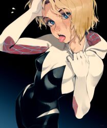 Rule 34 | 1girl, black background, blonde hair, blue eyes, bodysuit, breasts, commentary, english commentary, freckles, gradient background, gwen stacy, hand in own hair, highres, hood, hot, looking at viewer, marvel, open mouth, optionaltypo, piercing, short hair, small breasts, solo, spider-gwen, spider-man: into the spider-verse, spider-man (series), spider-verse, sweat, tongue, tongue out, tongue piercing, tooth gap