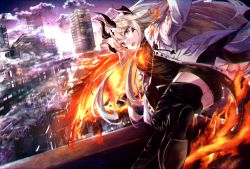Rule 34 | 1girl, absurdres, arknights, boots, building, city, dragon horns, dragon tail, fiery tail, fiery wings, highres, horns, huge filesize, jacket, long hair, mika uni, reed (arknights), ribbed sweater, solo, sweater, tail, thigh boots, thighhighs, white hair, white jacket, wings