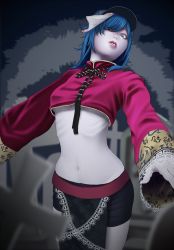 Rule 34 | 1girl, alternate costume, belt, blue hair, blue hat, blurry, chinese clothes, cross, depth of field, fence, graveyard, grey eyes, hair over one eye, hat, head tilt, highres, jiangshi, long sleeves, medium hair, miyako yoshika, navel, nicutoka, night, night sky, ofuda, outstretched arms, pale skin, photo-referenced, ribbon, ribs, shorts, silhouette, sky, solo, tombstone, touhou, tree, wide sleeves, zombie pose