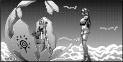 Rule 34 | 10s, 2girls, aoki hagane no arpeggio, breasts, cleavage, comic, crossed arms, crossover, greyscale, headgear, kaname aomame, kantai collection, kongou (aoki hagane no arpeggio), large breasts, long hair, monochrome, multiple girls, musical note, nagato (kancolle), navel, pantyhose, pleated skirt, skirt, sweat, thighhighs, translation request