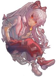 Rule 34 | 1girl, baggy pants, boots, bow, cigarette, collared shirt, commentary request, fire, footwear bow, fujiwara no mokou, full body, grey hair, hair bow, hand in pocket, korean commentary, lighting cigarette, long hair, looking at viewer, minseo4132, multicolored bow, ofuda, ofuda on clothes, pants, pyrokinesis, red bow, red eyes, red footwear, red pants, shirt, smoking, solo, suspenders, torn clothes, torn sleeves, touhou, very long hair, white background, white bow, white shirt