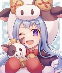 Rule 34 | 1girl, ;d, animal ears, blue hair, bonnet, commentary, cow, cow hood, fur-trimmed gloves, fur trim, gloves, highres, looking at viewer, mahiru (princess connect!), mittens, one eye closed, open mouth, princess connect!, purple eyes, red mittens, runa (runa7733), smile, solo, star-shaped pupils, star (symbol), stuffed toy, symbol-shaped pupils, teeth, twitter username, upper teeth only