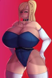 Rule 34 | 1girl, absurdres, bare shoulders, blonde hair, blush, breasts, cleavage, curvy, elbow gloves, fladdykin, gloves, green eyes, groin, hands on own hips, highres, huge breasts, jiggle, leotard, long hair, looking at viewer, looking to the side, metroid, nintendo, ponytail, red background, samus aran, solo, strapless, strapless leotard, thick thighs, thighhighs, thighs, white gloves, white thighhighs, wide hips