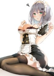 Rule 34 | 1girl, absurdres, apron, black bow, black footwear, black thighhighs, blush, bow, breasts, frilled apron, frills, green eyes, grey hair, hair bow, hair ornament, highres, hiragi ringo, kneeling, large breasts, long hair, looking at viewer, maid, maid apron, maid headdress, original, parted lips, solo, thighhighs, underwear, white background