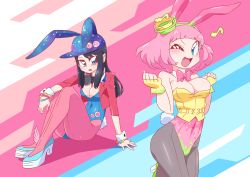 Rule 34 | 2girls, absurdres, animal ears, baseball cap, black hair, blue eyes, blue leotard, blush, breasts, cleavage, commentary request, covered navel, fake animal ears, fingerless gloves, gloves, hat, highres, jacket, kamen rider, kamen rider ex-aid (series), large breasts, leotard, looking at viewer, medium breasts, multiple girls, musical note, one eye closed, open mouth, otokamu, pantyhose, pink eyes, pink hair, playboy bunny, poppi pipopapo, rabbit tail, saiba niko, shiny skin, shoes, short hair, smile, strapless, strapless leotard, tail, wrist cuffs