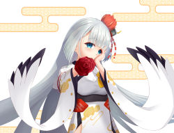 Rule 34 | absurdres, azur lane, blue eyes, egasumi, flower, hair flower, hair ornament, highres, japanese clothes, kimono, long hair, looking at viewer, red flower, seigaiha, shoukaku (azur lane), simple background, solo, two-tone background, upper body, very long hair, white background, white hair, white kimono, wide sleeves, yellow background, zhongyuanjuw