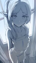 Rule 34 | 1girl, absurdres, backlighting, bare shoulders, bottomless, breasts, collarbone, covered erect nipples, curtains, elf, frieren, greyscale, hews, highres, long hair, looking at viewer, monochrome, parted bangs, pointy ears, sketch, small breasts, solo, sousou no frieren, twintails, window